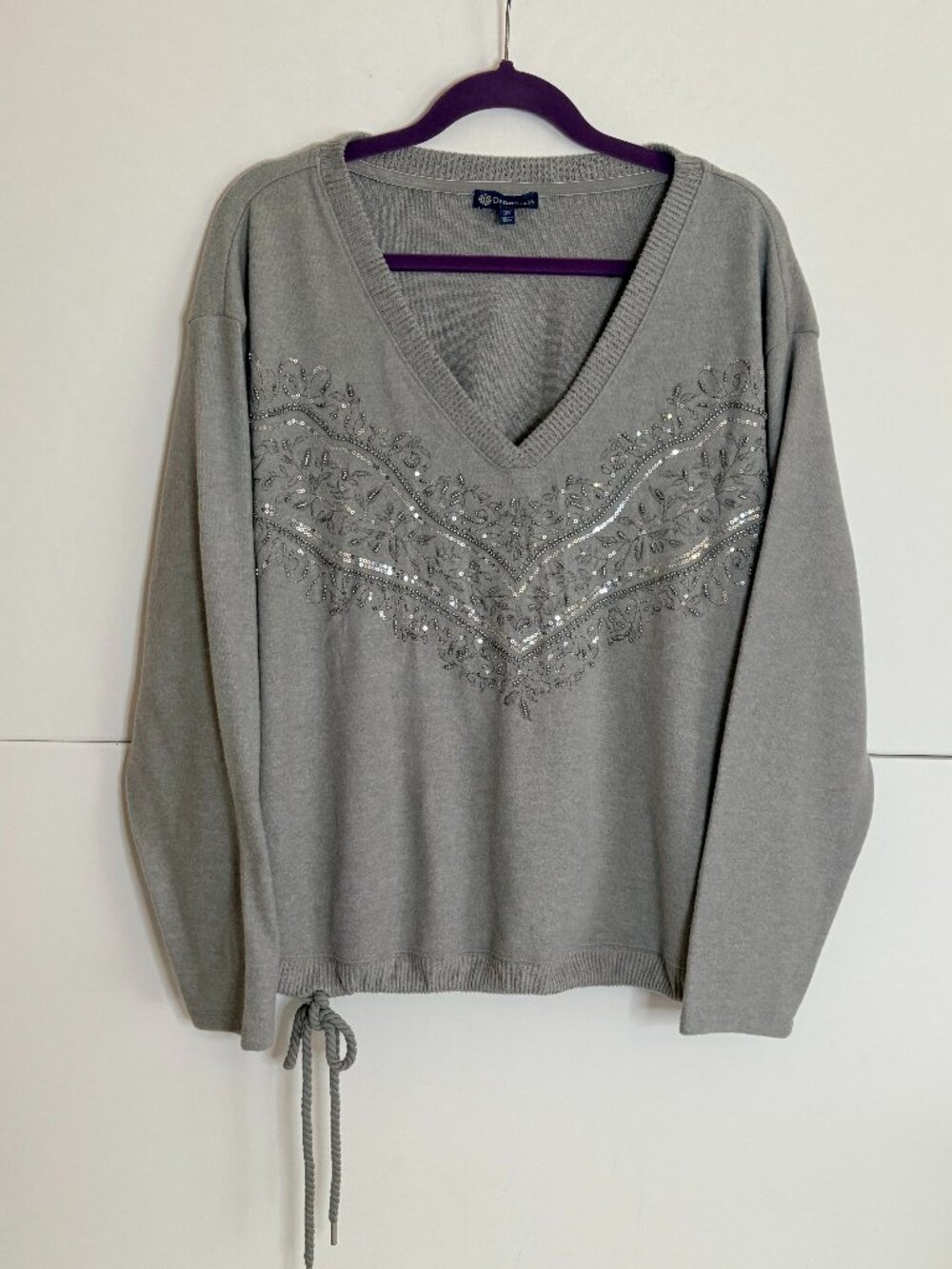 Democracy Gray Embroidered/Sequined Tie Waist Pullover Soft Sweater Top Size 2XL